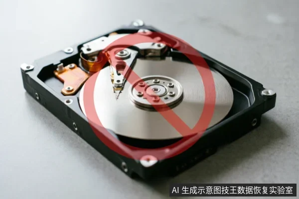 画面展示了一个打开外壳的机械硬盘内部结构,清晰可见金属盘片与读写磁头。一个巨大的红色禁止符号叠加在盘片中央,直观象征针对故障硬盘严禁通电或进行数据恢复操作,呼应文中关于停止尝试以保护介质的警示。