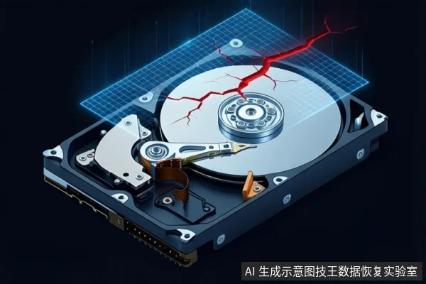 深色背景中展示一块打开外壳的机械硬盘,盘片上方悬浮蓝色网格,红色裂纹贯穿盘片与网格,磁头臂静止。