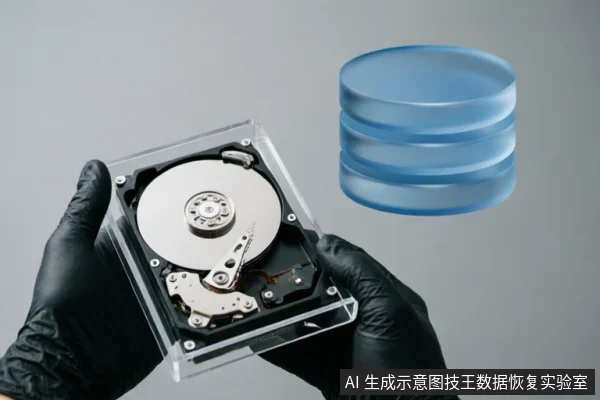 戴着黑色手套的双手托举着一个透明外壳的机械硬盘,清晰展示了内部的磁盘盘片与读写磁头结构。右侧悬浮着一个蓝色的三层圆柱体数据库图标,象征数据存储。