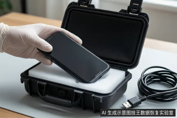 木质桌面上，一只戴白色手套的手正将一部黑屏智能手机放入装有白色泡沫的黑色防震箱中，右侧盘绕着一根USB线缆。