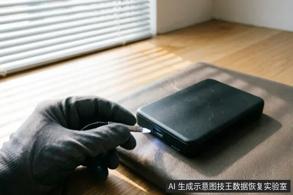 一只戴着黑色手套的手正将USB数据线插入放置在皮垫上的黑色移动硬盘接口,接口处亮着蓝色指示灯,背景为百叶窗和木质桌面。