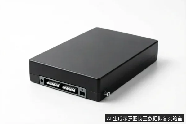 一个黑色的长方体硬盘外接盒或移动硬盘 enclosure 静置于白色背景上，侧面清晰可见SATA数据与电源接口及固定螺丝孔位，展示了存储设备的物理连接端口结构。