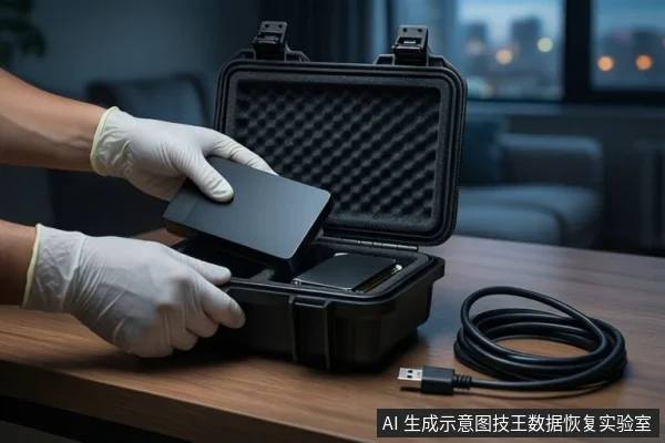 木质桌面上,一双戴白手套的手正将一块黑色硬盘放入打开的黑色防震箱中,箱内已固定另一块硬盘,右侧盘绕着一根黑色USB线缆。背景为模糊的室内环境。