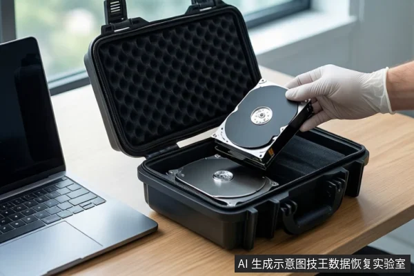 木质桌面上放置一台银色笔记本电脑和一个打开的黑色防震箱,箱内平放一块裸露机械硬盘。右侧一只戴白色手套的手正握持另一块机械硬盘,悬停在箱子上方。背景是模糊的窗户。