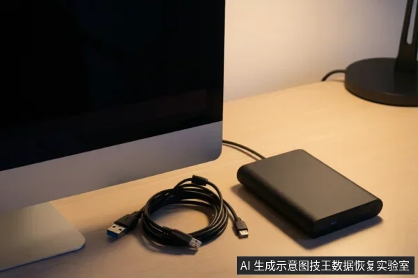 桌面左侧为显示器，右侧为黑色移动硬盘，中间盘绕着USB数据线，背景有台灯底座。