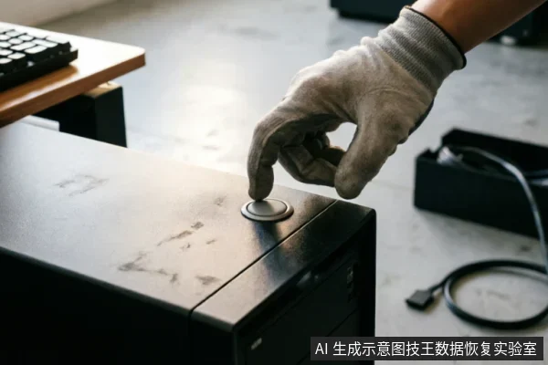 一只戴着灰色防护手套的手正按在黑色台式机机箱顶部的电源按钮上,背景可见键盘和散落的线缆。画面展示了操作电脑主机的瞬间,体现了硬件接触与通电测试的场景。