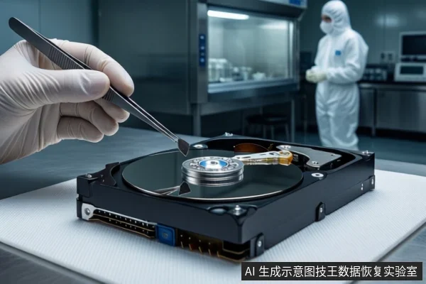 洁净室环境中，前景一只戴白手套的手持镊子操作一块打开外壳的机械硬盘，背景有一名穿无尘服的技术人员。