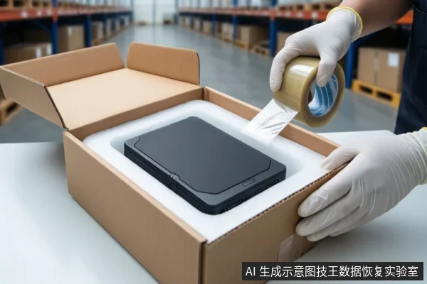 仓库环境中，白色桌面上放置一个打开的棕色纸箱，箱内白色防震泡沫中固定着一块黑色移动硬盘。一双戴白色手套的手正握持一卷透明胶带，准备封箱。背景可见货架和堆叠的纸箱。