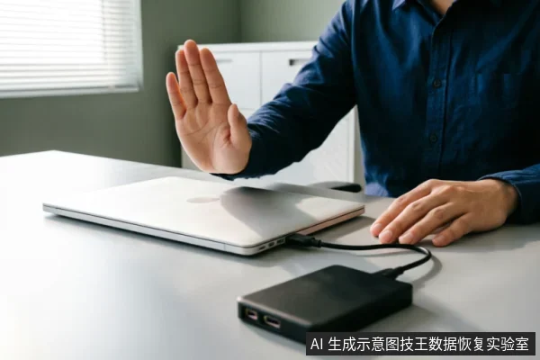 一名身穿深蓝衬衫的人坐在桌前,面前放着一台连接着黑色移动硬盘的笔记本电脑。该人举起一只手做出明显的“停止”或“拒绝”手势,示意暂停操作。