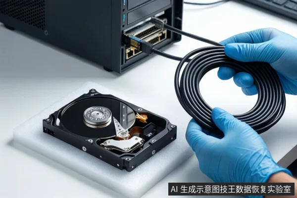 白色桌面上,左侧白色泡沫垫上平放一块打开外壳的机械硬盘,右侧一双戴蓝色手套的手持握一根盘绕的黑色SATA数据线,线缆一端插入背景中的黑色主机接口。