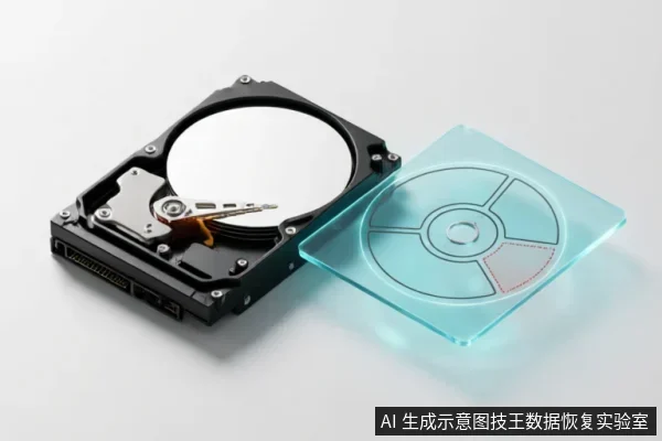 画面展示了一个打开外壳的机械硬盘,内部盘片和读写臂清晰可见,旁边放置着一张半透明的蓝色光盘。背景为纯白色,无其他连接设备或操作动作,示意数据存储介质。