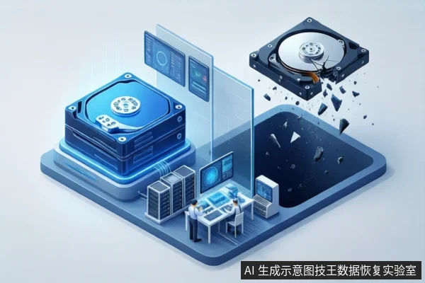 蓝色等距风格示意图，左侧为堆叠的硬盘与服务器机柜，中间有技术人员在控制台前操作，右侧悬浮一块碎裂的硬盘，碎片落入下方黑色区域。