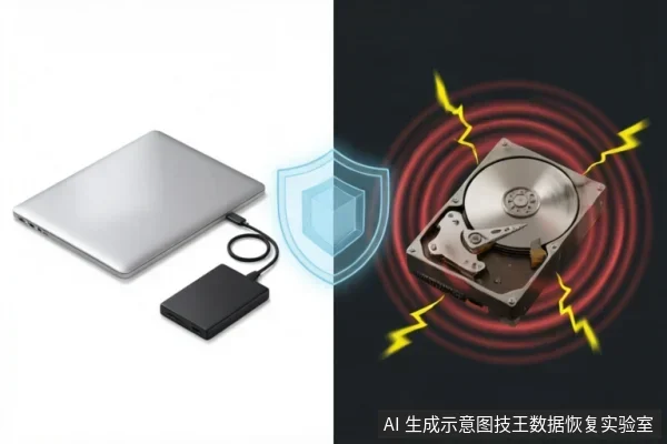图片分为左右两部分。左侧展示一台笔记本电脑连接移动硬盘,中间有蓝色盾牌图标象征安全与防护;右侧展示一个裸露的机械硬盘,周围环绕红色波纹和黄色闪电,象征物理故障、异响或危险信号。