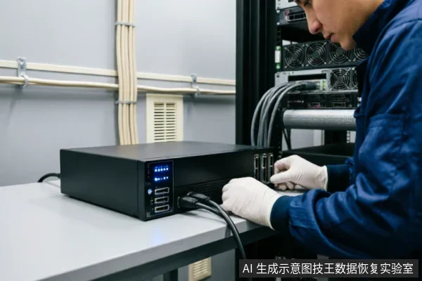一名身穿蓝色工装、佩戴白色手套的技术人员正在服务器机房环境中,将黑色线缆插入一台放置在桌面上的黑色存储设备接口。设备面板亮着蓝色指示灯,背景可见整齐排列的服务器机柜和理线架。