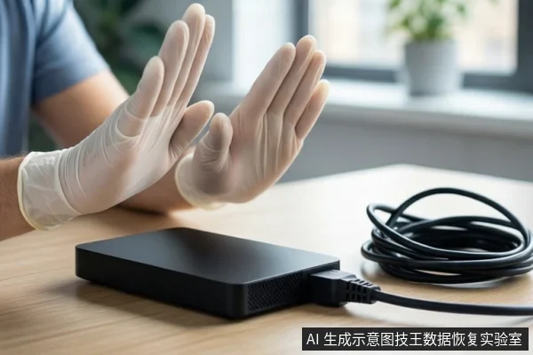木质桌面上平放一个黑色移动硬盘，右侧有一卷黑色线缆。前景一双戴白色手套的手做出停止手势，背景是模糊的窗户和绿植。
