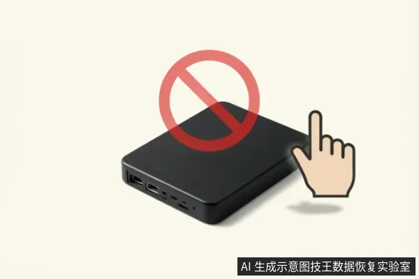 画面展示了一个黑色的移动硬盘，右侧有一只卡通手指指向设备，上方覆盖着红色的禁止符号。该图像直观地表达了在硬盘故障时严禁触碰、通电或进行任何人为干预的操作警示。