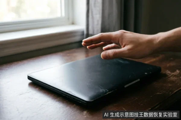 一只悬停在深色笔记本电脑上方的手,电脑放置在木质桌面上,背景为窗户。画面展示了设备处于关闭或待机状态,未显示内部硬盘结构或连接线缆,仅作为通用电子设备示意图。