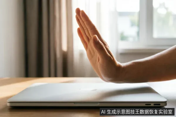 画面展示了一只手在闭合的笔记本电脑上方做出明显的“停止”手势,手掌张开面向镜头,示意拒绝或暂停。背景为室内窗边环境,光线柔和,主体清晰表达了立即停止操作、避免进一步干预的含义。