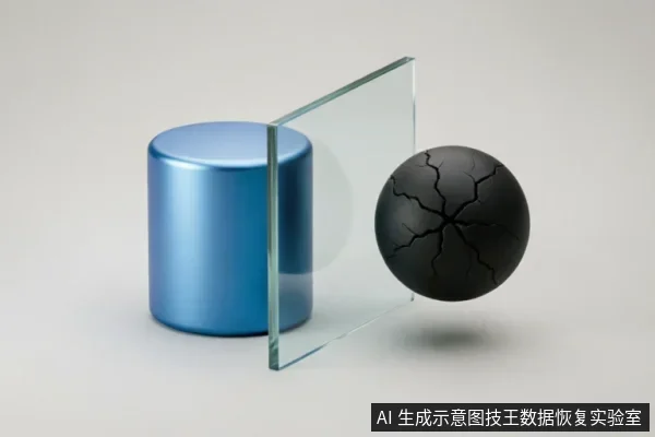 画面展示了一个蓝色金属圆柱体被一块透明玻璃板隔开，右侧悬浮着一个表面布满裂纹的黑色球体。该图像通过物理隔离与破碎的视觉隐喻，象征数据恢复中保护原始介质完整性、防止二次写入以及避免数据彻底损坏的核心概念。