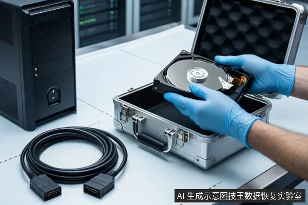 洁净室白色桌面上，戴蓝色手套的双手正持握一块打开外壳的机械硬盘，左侧为黑色塔式主机，右侧为打开的银色金属防震箱，前景盘绕一根黑色SATA数据线，背景可见服务器机柜。
