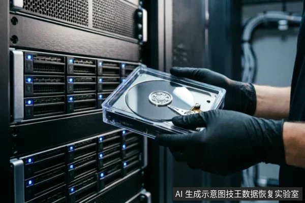 一名佩戴黑色防静电手套的技术人员手持打开的机械硬盘,背景为带有蓝色指示灯的服务器机柜。画面展示了专业环境下的存储介质检查与操作场景。