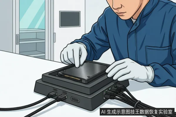 一名身穿蓝色工作服、佩戴白色手套的专业人员,正在将一块机械硬盘安装至黑色的多盘位数据恢复检测底座上。设备连接有多根数据线,背景为洁净的实验室环境,展示了专业机构对原始存储介质进行只读读取或状态评估的操作场景。