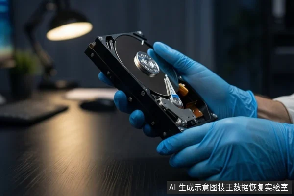 深色桌面上,一双戴蓝色手套的手正持握一块打开外壳的机械硬盘,背景可见模糊的台灯和办公环境。