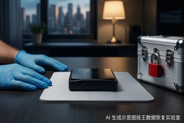 深色桌面上,一双戴蓝色手套的手平放在白色垫子两侧,中间平放一块黑色固态硬盘,右侧为挂有红色挂锁的银色金属防震箱,背景为模糊的城市夜景和台灯。