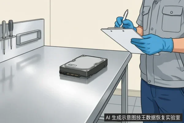 一名身穿灰色工装、佩戴蓝色防护手套的技术人员,手持写字板和笔正在记录。不锈钢工作台上放置着一块裸露的机械硬盘,背景墙面挂有螺丝刀等维修工具,呈现出专业数据恢复检测室的场景。