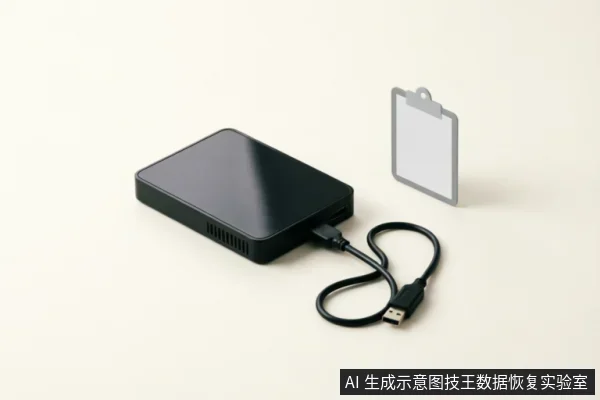 米色背景上放置着一个黑色移动硬盘,其USB数据线已连接并自然盘绕在旁。右侧立着一个空白的剪贴板图标,示意用户记录或核对设备信息。