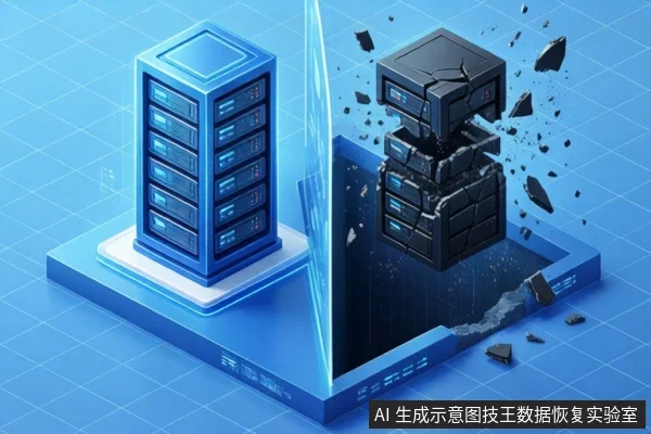 浅蓝网格背景上,左侧蓝色存储塔立于平台,右侧黑色存储设备表面布满裂纹并散落碎片,中间透明屏障碎裂。