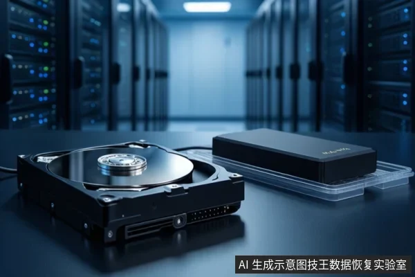 机房背景前的桌面上,左侧放置一块打开外壳、露出盘片与主轴的机械硬盘,右侧放置一块黑色固态硬盘,两者均静置在透明托盘上。
