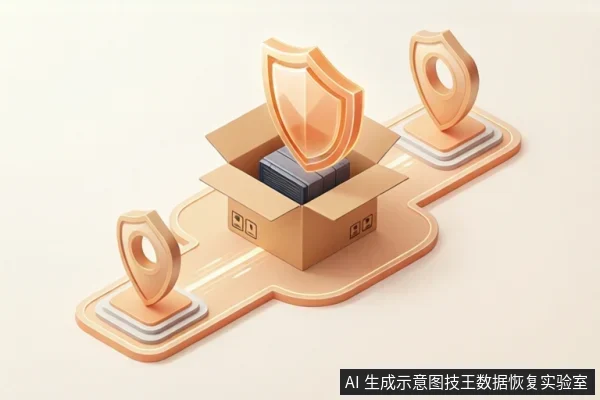 米色背景上,一个打开的纸箱位于路径中央,箱内装有硬盘,上方悬浮着橙色盾牌图标,路径两端各有一个定位标记。