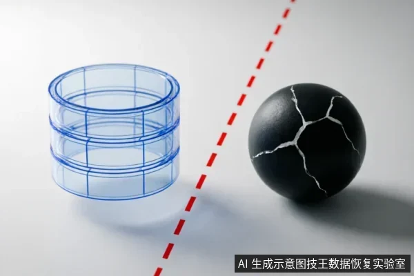 画面左侧为一个蓝色线框圆柱体，象征存储介质；右侧是一个表面布满裂纹的黑色球体，代表物理损坏。中间一条红色虚线将两者隔开，直观地表达了在设备出现物理故障时，必须停止操作、保持静置以保护原始介质的理念。