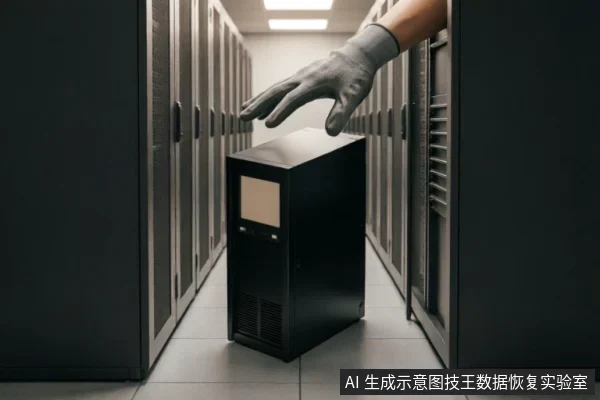 数据中心服务器机房通道内,一只戴着灰色防护手套的手悬停在一台黑色塔式服务器机箱上方。背景为整齐排列的机柜,画面聚焦于硬件设备与人工操作的接触瞬间,未显示任何屏幕文字或软件界面。
