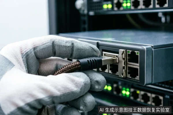 A gloved hand inserts a braided network cable into an RJ45 port on a server rack unit. Green status lights are visible on the device and background equipment.