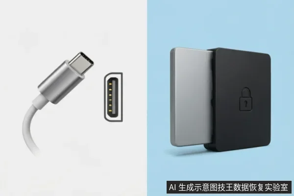 画面左侧展示了一根银色USB-C数据线及其接口内部针脚结构特写；右侧为一个带有锁形图标的黑银双色方形硬件设备，呈现外壳滑开露出内部金属盘的机械动作。