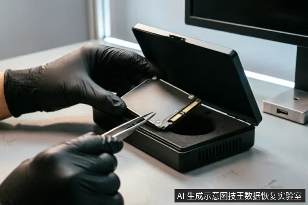 戴着黑色防静电手套的专业人员正使用镊子夹持一块2.5英寸机械硬盘,将其小心放入黑色的专用检测或写入设备中。背景可见显示器与金属存储盒,展示了在无尘环境下对硬盘介质进行物理接触与评估的专业操作场景。