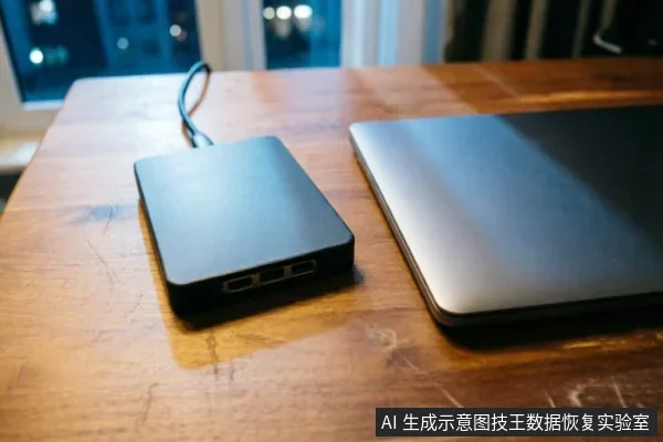 木质桌面上放置着一台黑色的移动硬盘，其USB接口处连接着数据线，旁边是一台闭合的银灰色笔记本电脑。画面展示了外部存储设备与电脑的物理连接状态，对应文中关于排查外部物理连接链及USB接口的描述。