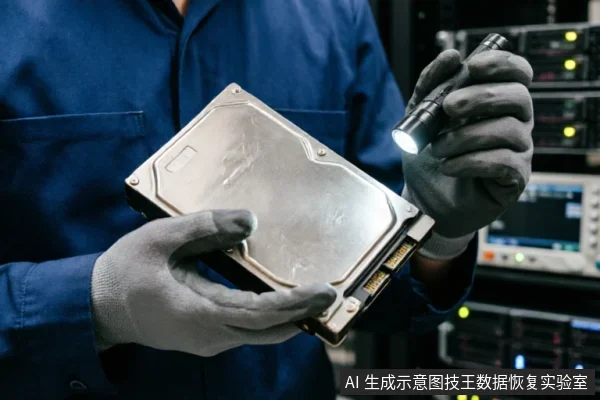 身穿蓝色工装并佩戴灰色防静电手套的技术人员,手持手电筒仔细检查一块裸露的机械硬盘。背景可见服务器机柜与电子测试仪器,展现了专业数据恢复环境下的硬件检测场景。