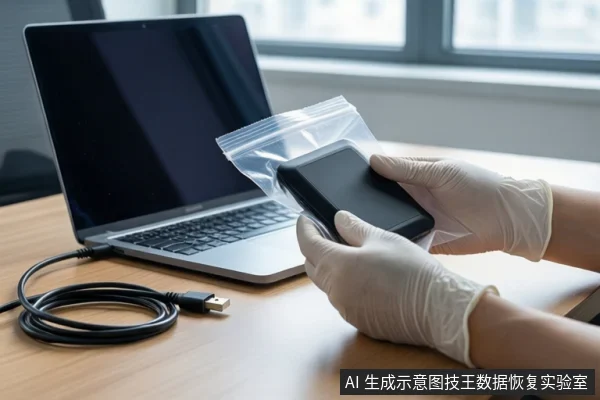 木质桌面上放置一台银色笔记本电脑和一根盘绕的黑色USB线缆。右侧一双戴白色手套的手正握持一个装有黑色固态硬盘的透明自封袋,悬停在桌面上方。背景为模糊的窗户。