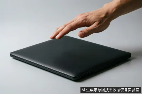 一只悬停在闭合黑色笔记本电脑上方的手,示意在发现硬盘接口异常或设备不稳定时,应立即停止操作并切断电源,避免进一步写入数据以保护原始介质。