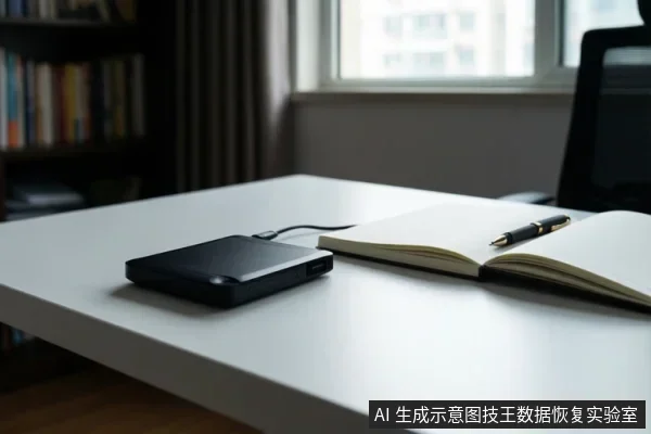 白色桌面上放着一个黑色移动硬盘,连接着数据线,旁边有一本打开的笔记本和一支笔,背景是书架和窗户。