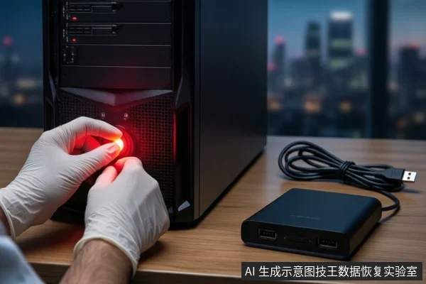 木质桌面上,左侧竖立一台黑色塔式主机,正面电源按钮亮红灯。前景一双戴白手套的手正在按压该按钮。右侧平放一个黑色外接硬盘盒,连接着黑色线缆。背景为模糊的城市夜景。