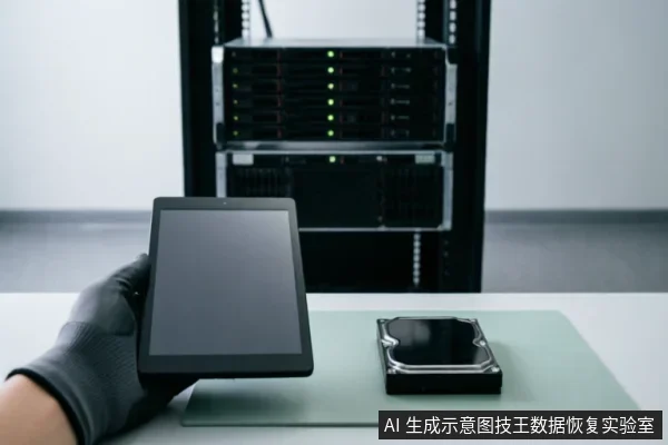 一只戴着黑色防静电手套的手握持一台平板电脑,桌面上放置着一块裸露的机械硬盘,背景为模糊的服务器机柜。