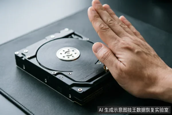 一只手掌悬停在一块裸露的机械硬盘上方,做出停止或安抚的手势。硬盘放置在深色垫子上,清晰可见金属盘片、主轴及外壳螺丝,无屏幕或文字显示。