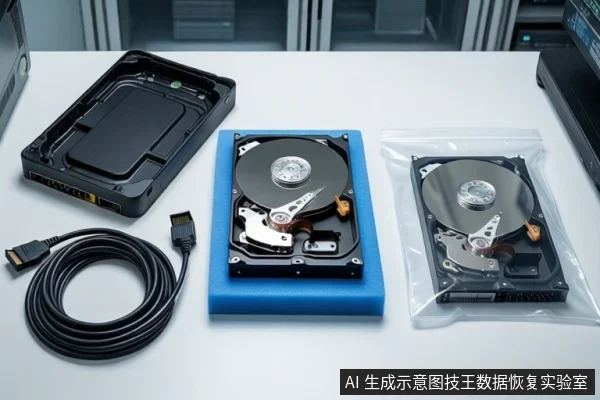 白色桌面上静态陈列数据恢复设备：左侧为打开的黑色防震箱，中间蓝色泡沫垫上平放一块打开外壳的机械硬盘，右侧防静电袋内装有一块打开外壳的机械硬盘，前景盘绕一根黑色SATA数据线。背景为模糊的服务器机柜。