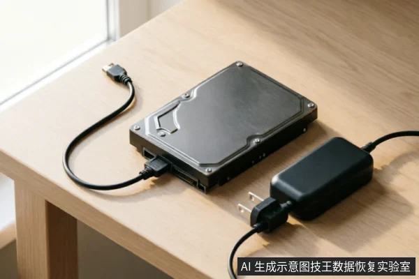 木质桌面上放置着一个黑色的外接硬盘盒,侧面连接着USB数据线,旁边是一个已插入电源线的黑色电源适配器。画面展示了外部存储设备通电及连接的状态,未涉及内部拆解或系统操作细节。