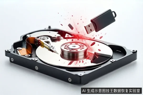 Open hard drive with red impact effects and a floating USB drive on a white background.