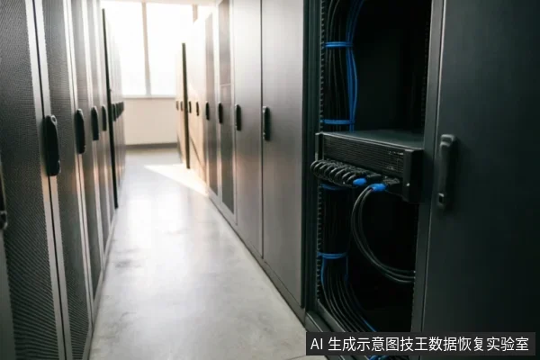 数据中心机房内排列整齐的黑色服务器机柜,右侧机柜门打开,可见内部安装的网络设备连接着蓝色和黑色的网线,线缆整理有序。